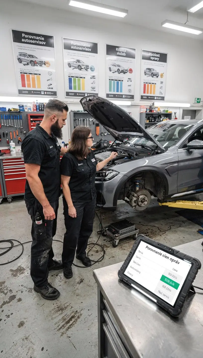 Moderná autoservisná dielňa s viacerými opravárenskými stolmi a nástrojmi.